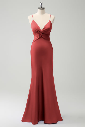 Terracotta Mermaid Spaghetti Straps Hollow Out Bridesmaid Dress